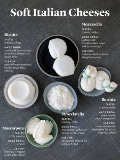 the ingredients to make soft italian cheeses are shown in small bowls on a table