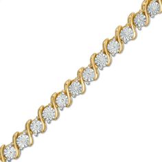 Wear this smart diamond tennis bracelet any time for a great touch of classic dazzle. Crafted in sterling silver with 14K gold plate, this enticing design features shimmering diamonds - artfully set to enhance size and sparkle - and beaded circles alternating with polished "S" shaped links. Captivating with 1/10 ct. t.w. of diamonds and a bright polished shine, this 7.25-inch bracelet secures with a tongue and groove clasp. Engagement Ring Necklace, Silver Pendant Lighting, Silver Ring Designs, Diamond Tennis Bracelet, Tongue And Groove, Silver Shop, Tennis Bracelet Diamond, Cute Bracelets, Silver Earring