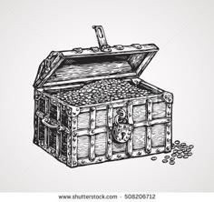 an old wooden chest with gold coins and a lock on the lid hand drawn sketch