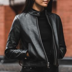 Comfortable Women's Banded Collar Leather Jacket in Beautiful Black Lambskin Leather. Handcrafted With A Plush Polyester Interior and Long-Lasting Metal Hardware. Shop Now for Free Shipping & Returns! Thursday Boot Company, Thursday Boots, Cotton Lycra Fabric, Racer Jacket, Boot Companies, Leather Outfit