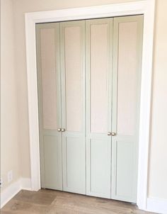 an empty room with white walls and wooden floors is pictured in this image, the closet doors are painted pale green