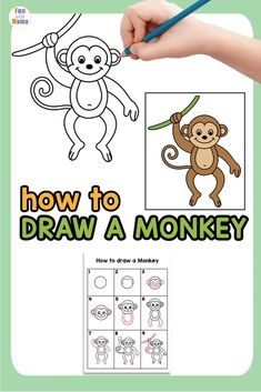 how to draw a monkey for kids with pictures on the front and back, in green background