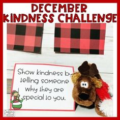 a stuffed animal with a sign that says, december kindness challenge show kindness by telling someone why they are special to you