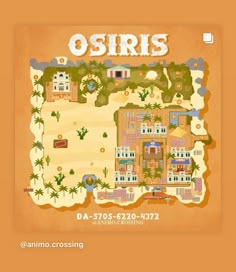 an illustrated map of the island of osiris, with palm trees and buildings