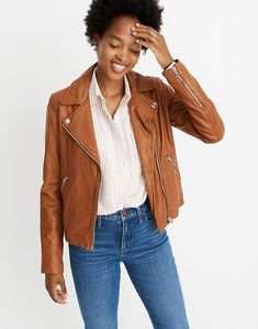 The Top 10 Fall Clothing Essentials All Women Need | Fashion Jackson Madewell Leather Jacket, Thanksgiving Fashion, Fall Capsule Wardrobe, Shirt Dress Style, T Shirt And Jeans, Brown Leather Jacket, Leather Biker Jacket