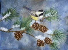 a painting of a bird perched on a pine branch with cones and snow around it