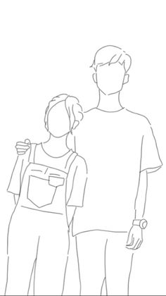 a man and woman standing next to each other in front of a white background with the outline