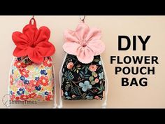 two bags with flowers on them and the words diy flower pouch bag