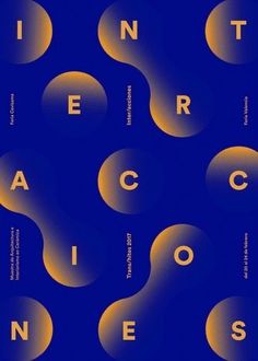 an abstract blue and yellow poster with the words interaciuce in different languages