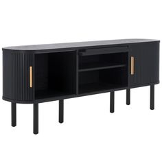 the sideboard is black and has gold handles on each side, along with an open shelf for storage