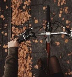 a person riding a bike in front of some leaves on the ground with their feet up