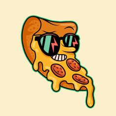 a slice of pizza with sunglasses on it's face and eyes covered in melted cheese