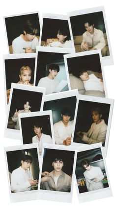 many polaroid photos of young men in white shirts