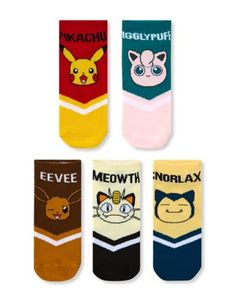 five pairs of pokemon socks with cartoon characters on them