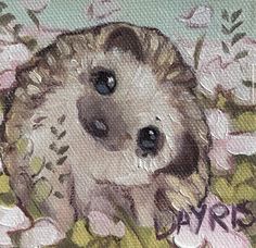 an oil painting of a hedgehog surrounded by pink flowers and the words park on it