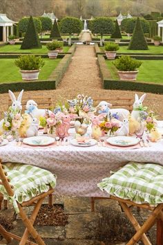 easter table with easter decorations such as rabbits, lambs and colourful easter eggs, on a rural background. Pink Placemats, Mrs Alice, Starter Plates, Tulip Design, Easter Table Decorations, Duck Egg Blue, Dinner Plate Sets, Pink Gingham