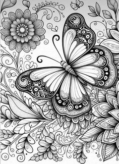 a coloring book page with butterflies and flowers on the pages, all in black and white