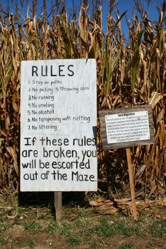 a sign in front of a corn field that says rules