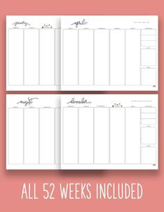 the printable planner pages for all 52 weeks included