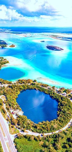 an aerial view of the blue lagoons and roads