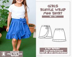 This ruffle wrap mini skirt sewing pattern is perfect for beginners and all sewing levels. Cute bow detail and comfortable elastic waist in the back, this skirt is perfect for spring summer to pair with any top and blouses! The downloadable file package includes illustrated step by step sewing instructions, detailed tutorial, and helpful tips for you to easily complete the skirt. The pattern includes 4 sizes for you to choose from: 4Y-7Y The digital download PDF sewing pattern includes a layer option to only select your size or multiple sizes all at once. Each pattern is created so you can print at home or through a printshop. The purchase comes with 4 PDF files: A4 US Letter A0 Instruction Book includes fabric recommendations, pattern assembling, step by step instructions, sewing tips, an Ruffle Wrap Skirt Pattern, Mini Skirt Sewing, Mini Skirt Sewing Pattern, Wrap Skirt Pattern, Ruffle Wrap Skirt, Jumpsuit Pattern Sewing, Pattern Mini Skirt, Kids Wraps, Skirt Sewing Pattern