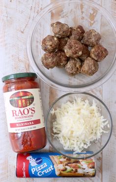 the ingredients for meatballs are displayed in bowls