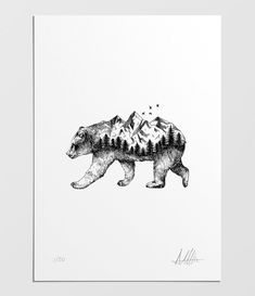 a black and white drawing of a bear with mountains in the background