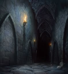 a dark hallway with stone walls and arched doorways, lit by a single candle