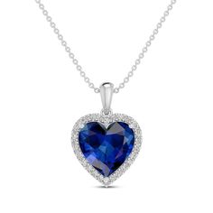 A rich heart-shaped blue lab-created sapphire gleams within a frame of white lab-created sapphires on this stunning necklace for her. Fashioned in classic sterling silver, the pendant sways from an 18-inch cable chain that secures with a lobster clasp. Heart-shaped Sapphire Birthstone Jewelry, Sapphire Heart Cut Birthstone Jewelry, Heart Cut Sapphire Birthstone Jewelry, Sapphire Heart Pendant Jewelry For Anniversary, Heart Cut Sapphire Gemstone Jewelry, Heart Cut Sapphire Necklace Gift, Heart Cut Sapphire Necklace As Gift, Valentine's Day Sapphire Birthstone Jewelry, Valentine's Day Sapphire Necklace Gift