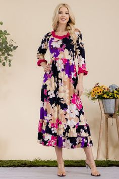 This modest A-line floral dress is a recent addition to our collection, featuring a romantic neckline with fuchsia ruffle detail, a high elastic waistband for comfort, convenient side pockets, and a double-layered ruffle hemline. Crafted from the softest material, this dress offers a true-to-size fit that is both comfortable and stylish. Make a statement at your special occasions by wearing this versatile and elegant dress. Features: Ruffled, Pocketed, Layered Sheer: Opaque Stretch: Slightly str Ruffled Midi Dress, Midi Ruffle Dress, Navy Midi Dress, Maxi Dress Formal, Curvy Dress, 70 Dress, Blue Midi Dress, Formal Evening Dresses, A Romantic