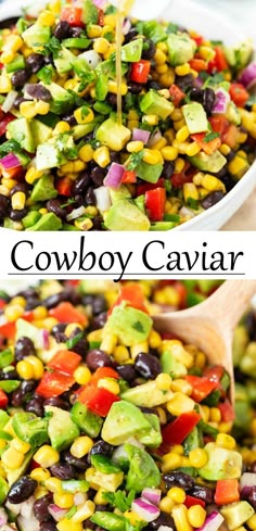 a bowl filled with black beans, corn and avocado salad next to a wooden spoon