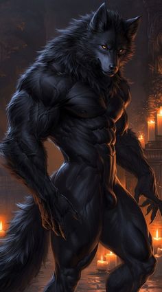 a painting of a black wolf standing in front of candles and looking at the camera