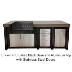 an image of a kitchen with stainless steel doors on it's sides and the words show in brushed black base and aluminum top