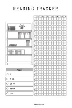 the reading tracker is shown in black and white, with an image of bookshelves