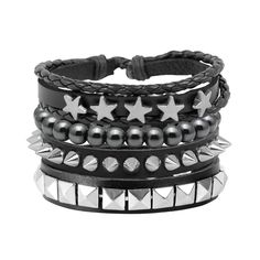 PRICES MAY VARY. Vintage Leather Cuff Wristband with Snap Button: Package includes 4 pcs bracelet, spike studded cuff, star bracelet, beads bracelet. High Quality Material: Black studded wristbands are made by soft PU leather & alloy metal and wax rope. Punk Rock Spike Bracelet: This punk rock accessories are all adjustable from 7 to 8.5". PUNK ROCK JEWELRY: 80s 90s Theme Party, Rock Concert, Music Carnival, Biker Game, Guitar Show, Rock Band Performance, Halloween Festival, Christmas Day, etc. Rockstar Bracelet, 80s 90s Theme Party, Grunge Bracelets, Bug Oc, Emo Bracelets, Goth Bracelets, Show Rock, Rock Accessories, Band Performance