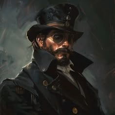 a painting of a man wearing a top hat and eyeglasses with steampunk