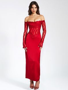 Elevate your elegance with the Nessa Red Lace Satin Corset Maxi Dress. This stunning ensemble boasts an off-the-shoulder design, crafted from double duchess luxe satin adorned with intricate lace trimmings. The fully boned corset enhances your silhouette, while semi-sheer lace graces the bodice. Beautiful red lace lines the neckline edges as well as the bust. Sheer lace long sleeves add a touch of romance, and the "V" shaped waistband accentuates the figure. Perfect for holiday parties, New Year Corset Maxi Dress, Beaded Maxi Dress, High Waist Long Skirt, Tie Dye Jumpsuit, Satin Corset, Maxi Dress Cocktail, Sparkly Dress, Shoulder Design, Dress With Cardigan