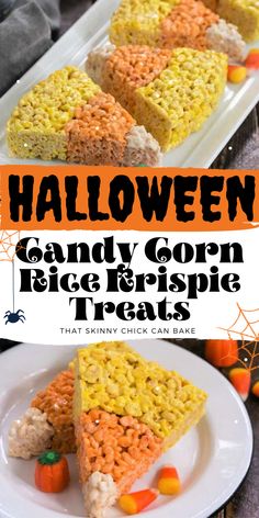 halloween candy corn rice krispy treats on a white plate