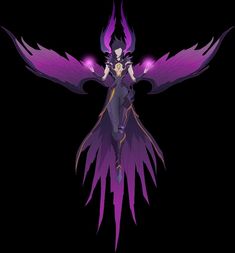 an anime character with purple hair and wings on her body, standing in front of a black background