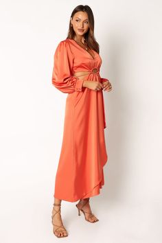 Peyton Long Sleeve Midi Dress - Orange - Petal & Pup USA Satin Dresses Long, Satin Dresses Long Sleeve, Black Tie Wedding Guests, White Dress Shoes, Fall Wedding Guest Dress, Satin Long Sleeve, Resort Dresses, Essential Dress, Usa Dresses