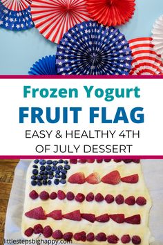 the frozen yogurt fruit flag cake is ready to be cut and served for fourth of july