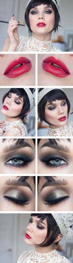 Jordan: no wing (regular eye liner); mauve color lip; mauve/purpley cheeks (very lightly applied); long lashes Gatsby Hair, Red Lips Makeup Look, Pale Makeup, Victory Rolls