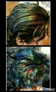 Short Oil Slick Hair, Oil Slick Aesthetic, Oil Spill Hair Dye, Blue Hair Inspo Color, Oil Green Outfit, Pigeon Hair, Oil Slick Nails, Oil Spill Hair