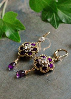 Small Flower Drop Earrings | Gold, Purple, Amethyst Handmade Elegant Flower Crystal Earrings, Elegant Purple Flower Earrings With Handmade Flowers, Elegant Handmade Flower Crystal Earrings, Purple Handmade Flower Jewelry For Wedding, Handmade Purple Flower Jewelry For Wedding, Handmade Purple Floral Jewelry For Weddings, Elegant Purple Handmade Flower Earrings, Purple Handmade Flowers Jewelry For Wedding, Knitted Jewelry