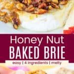 honey nut baked brie on a white plate