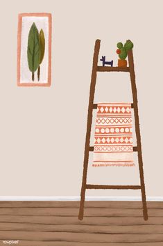 a painting of a ladder in a room with a potted plant on the shelf