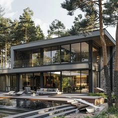 a modern house in the woods with large windows