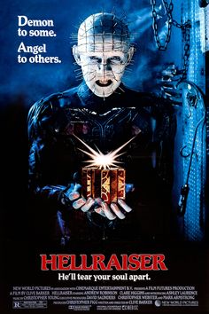 a movie poster for hellraiser with a creepy man holding a box in his hands