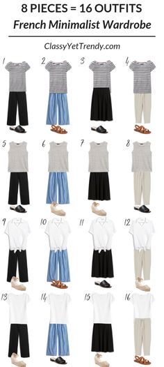 French Minimalist Wardrobe, Travel Capsule Wardrobe Summer, 16 Outfits, French Minimalist, Minimalist Moda, French Wardrobe, Classy Yet Trendy, Minimalist Summer, Travel Capsule