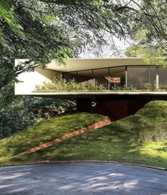 an unusual house in the woods with grass and trees around it, on top of a hill